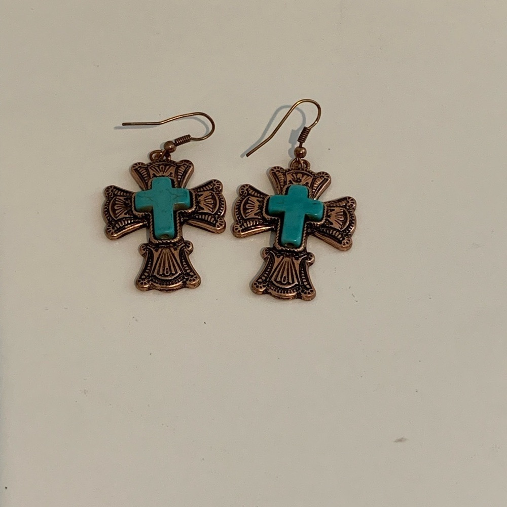 Cross Turquoise & Copper Colored Earrings Western Country Boho Casual